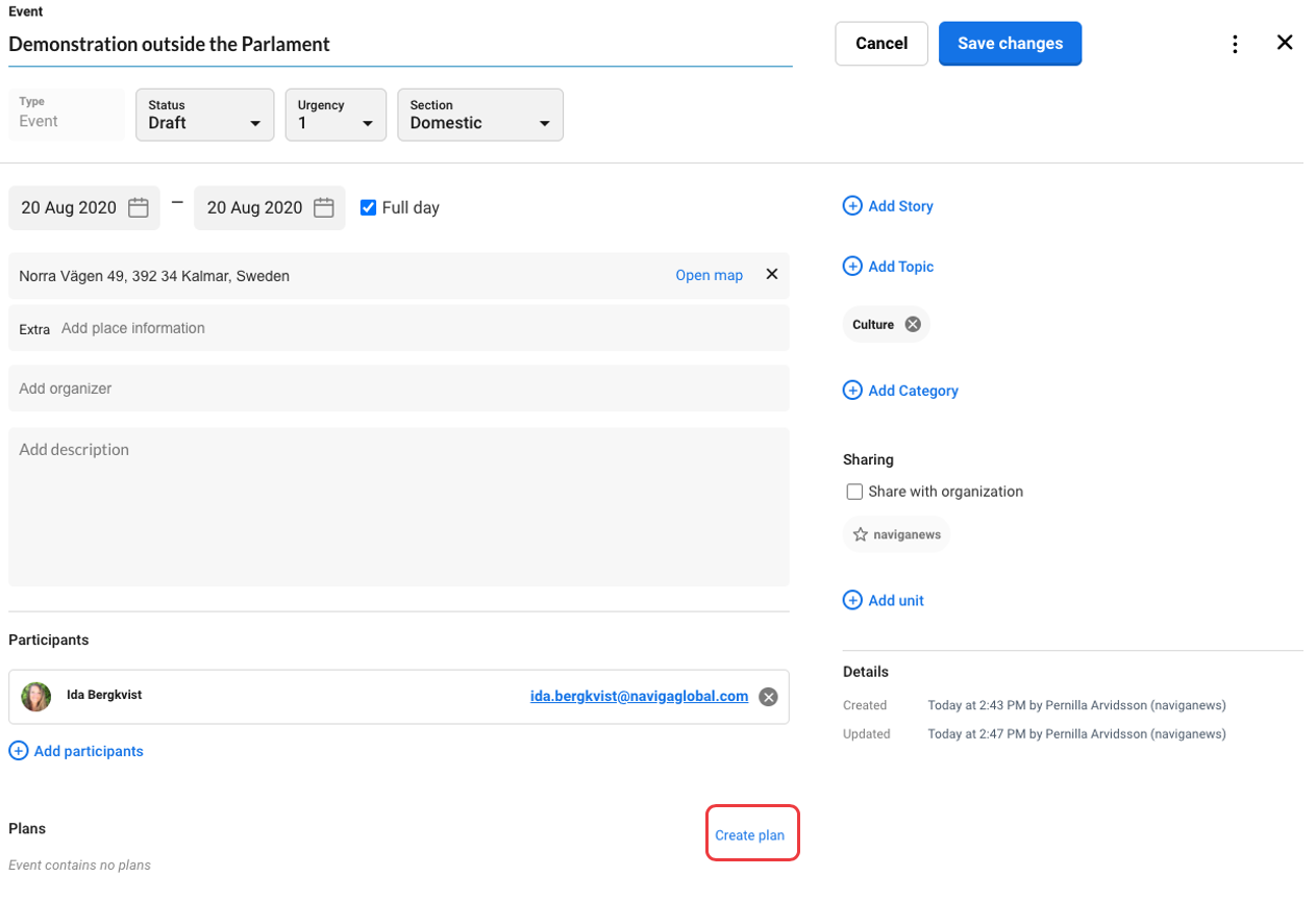 To add a Planning Card in an Event you click on Create planning.