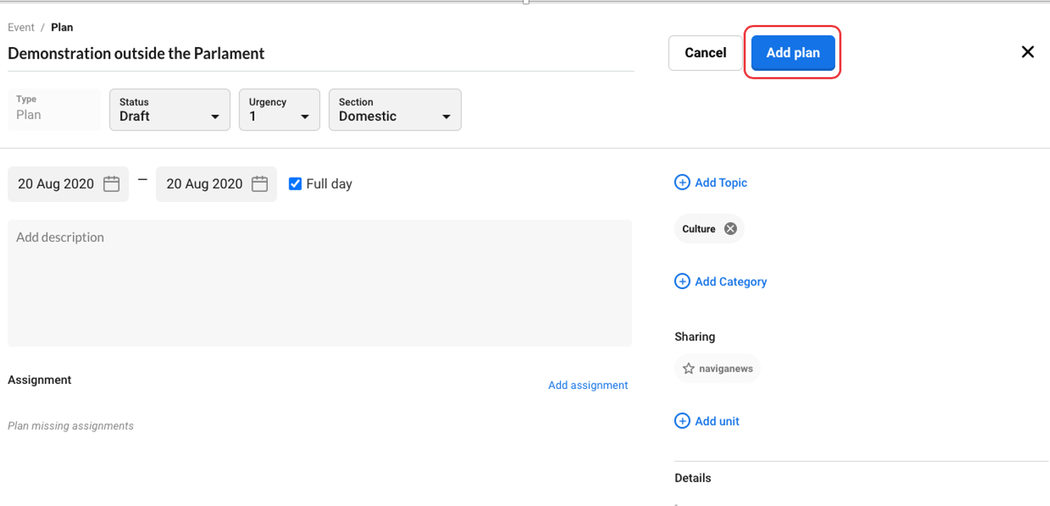 Click on Add plan and you will return to the Event.