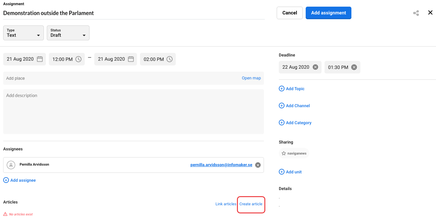 Click on Create article to make a draft of the article.