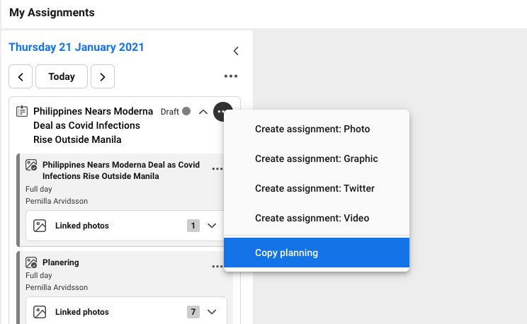 In My assignment you can copy the plan from the three dots menu on the planning card. 
