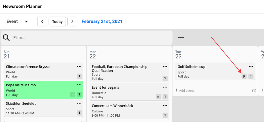 A view from event calendar. It is clearly shown that the event Solheim cup has a plan added.
